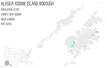 Large and detailed map of Kodiak Island Borough in Alaska, USA.