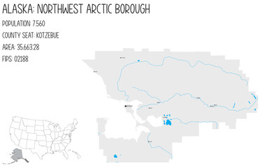 Fototapeta premium Large and detailed map of Northwest Arctic Borough in Alaska, USA.
