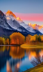 Autumn alpine lake with snow-capped mountains at sunrise