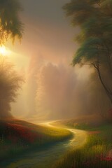 Foggy path in the forest at sunrise, in warm colours. 3d rendering, created with AI generative tools