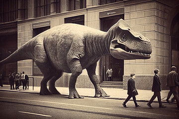 Fototapeta premium A vintage-style generative ai illustration from the early 1900s featuring a dinosaur walking on the streets of a city, creating a surreal and unique scene