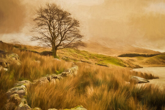 Digital painting of panoramic views of Llyn y Dywarchen, and Snowdon in the Snowdonia National Park, Wales.