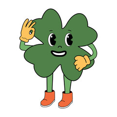 Clover in retro cartoon style. Four leaf clover in retro style. Lucky concept. St patricks day vector. 