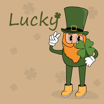 St. Patrick's Day greeting card with leprechaun. Lucky concept. Cartoon retro charackter with clover. 