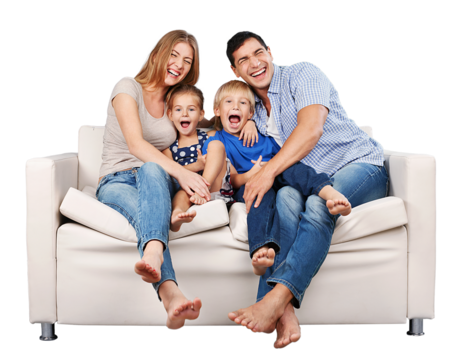 Beautiful smiling family sitting at sofa at home