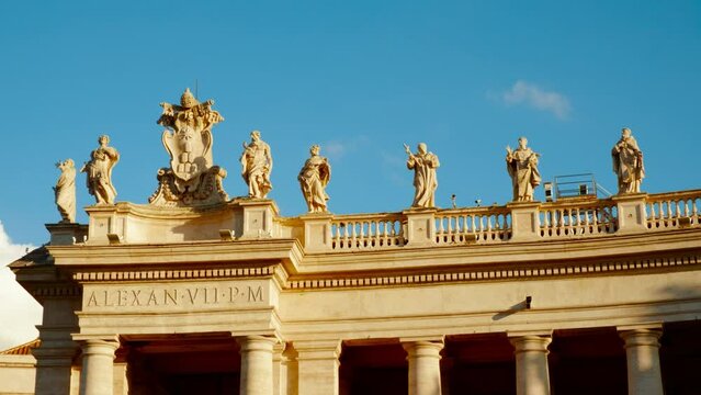 The colonnade at St. Peter's Square in Vatican City, Holy See, Rome, Italy, a circular arcade of 284 columns that surrounding St. Peter's Basilica, Basilica di San Pietro, and square