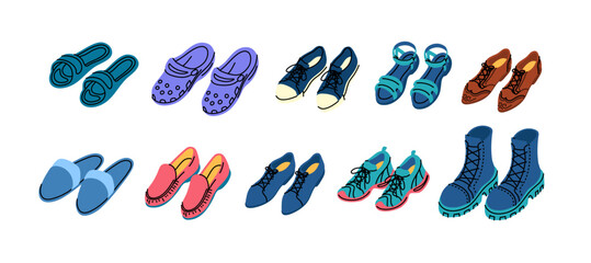 Vector man shoes set. Collection of shoe wear pairs of flip flops, sneakers, boots, sandals and crocs. Home shoes and moccasins illustration - obrazy, fototapety, plakaty
