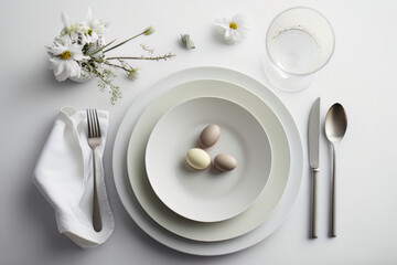 Minimalist table setting for festive Easter dinner. Illustration AI Generative
