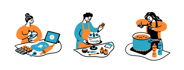 Vector learn cooking concept collection with man and women and kitchen utensils in doodle style. Little scenes of preparing food with video tutorial. Dough, cake, soup with spices and ingredients.