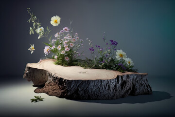 minimalist scene of a felled tree lies with flowers . Illustration AI Generative