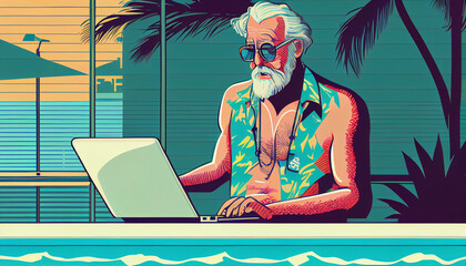 Fototapeta na wymiar Illustration of elderly man with laptop by the pool, Generative Ai