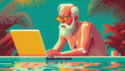 Obraz na płótnie Canvas Illustration of elderly man with laptop by the pool, Generative Ai