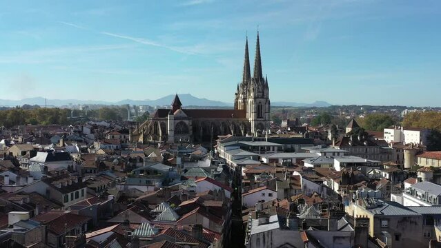 Bayonne Cathedral and cityscape, France. Aerial drone panoramic view and sky for copy space