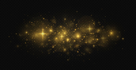 Sparkle background with luminous particles. Sparks and stars twinkle on transparent background. Shiny dust light effect.