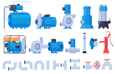 Water pumps. Water and liquid pumping. Technical equipment for water stations. Water pipes. Vector illustration