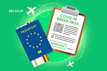 Covid-19 immunity passport with QR code. Vaccination or negative coronavirus test green valid certificate. European Passport with Flight Ticket and Approved Green Pass.