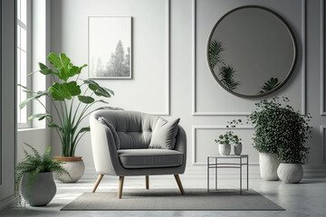 Modern interior design with light empty mockup wall. Illustration AI Generative