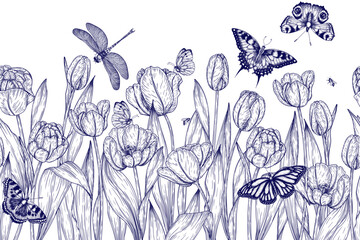 Seamless horizontal vector pattern tulip garden and insects butterflies, bees, dragonfly