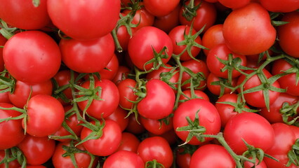 close up tomatoes on market view from above