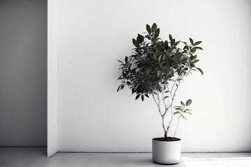 Ficus Lyrata Fake Plant with a beige wall. Illustration AI Generative