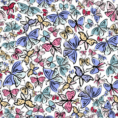 Doodle insects. Collection with spring and summer insects, bugs and bees many species in hand-drawn style . Seamless pattern with insects. 