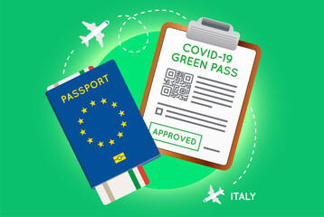 Covid-19 immunity passport with QR code. Vaccination or negative coronavirus test green valid certificate. European Passport with Flight Ticket and Approved Green Pass.