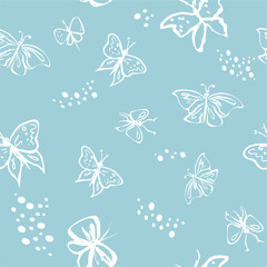 Fototapeta na wymiar Doodle insects. Collection with spring and summer insects, bugs and bees many species in hand-drawn style . Seamless pattern with insects. 