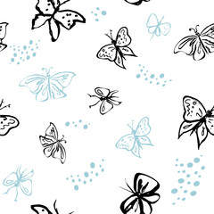 Doodle insects. Collection with spring and summer insects, bugs and bees many species in hand-drawn style . Seamless pattern with insects. 