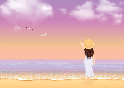 Vector back view portrait of a beautiful young woman wearing straw hat and standing at the seashore. Travel and vacation concept, golden hour