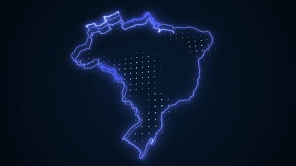 3D Moving Neon Blue Brazil Map Borders Outline Loop Background. Neon Blue Colored Brazil Map Borders Outline Seamless Loop Dark Background. Brazil Neon Map Borders Outline.