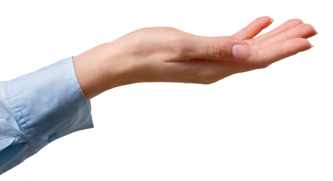Businesswoman hand showing gesture isolated on white background.