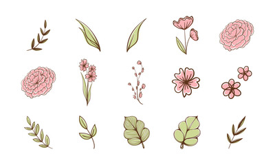 Set of cute floral botanical abstract flowers and leaves. Boho doodle vector illustrations.