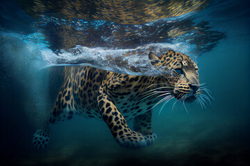 Leopard swimming under water with a blue background.