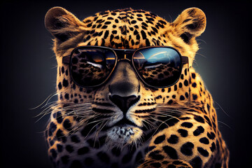 Leopard wearing sunglasses on black background