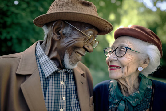 interracial elderly couple happily strolling in the park. generated by AI