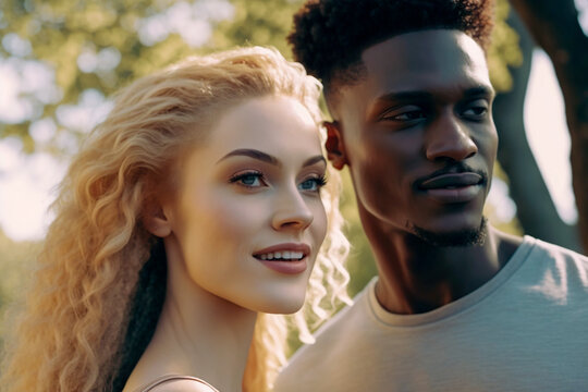 young interracial couple happily strolling in the park.generated by AI