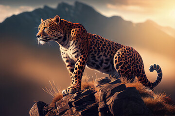 Leopard on a rock with mountain in the background
