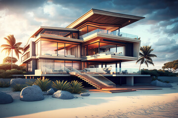 luxury modern house hotel on tropical beach. dreamy vacation concept. generative ai
