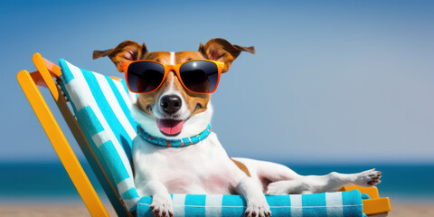 jack russell terrier dog with sunglasses sunbathing on sun lounger. summer and vacation concepts. generative ai