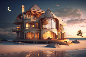 luxury house hotel on tropical beach. dreamy vacation concept. generative ai