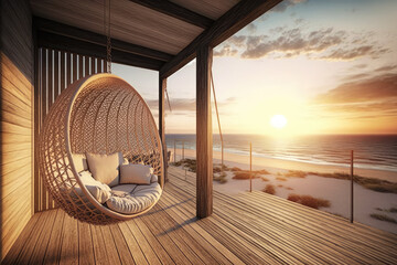 luxury house veranda with hanging swing and beach view. generative ai - obrazy, fototapety, plakaty