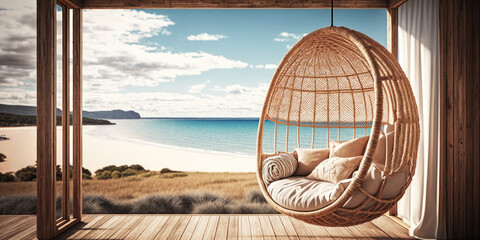 luxury house veranda with hanging swing and beach view. generative ai - obrazy, fototapety, plakaty