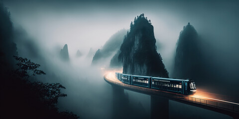train in foggy mountains in zhangjiajie national forest park. generative ai