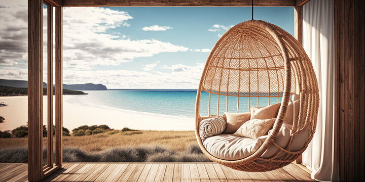 luxury house veranda with hanging swing and beach view. generative ai