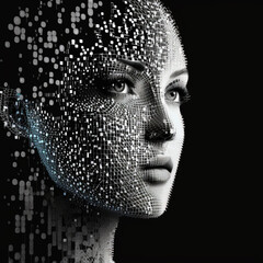 Human face in white pixels, black background. AI generated