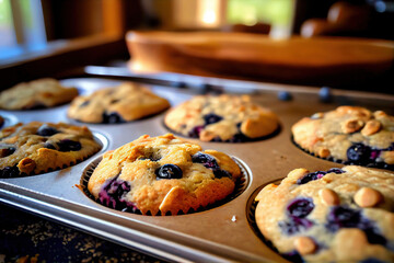 Blueberry muffins with almond flour coming out the oven