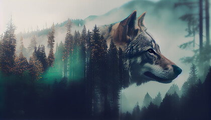 wolf in the forest, digital composition with pine trees, foggy mountains overlay and double exposure