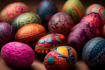 Fototapeta na wymiar colorful and decorated easter eggs in a basket