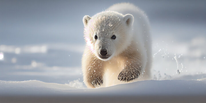 A polar bear cub exploring the snow for the first time generated by AI