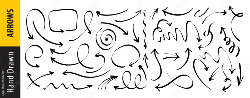 Poster abstract drawing black arrow collection. set of doodle arrows
